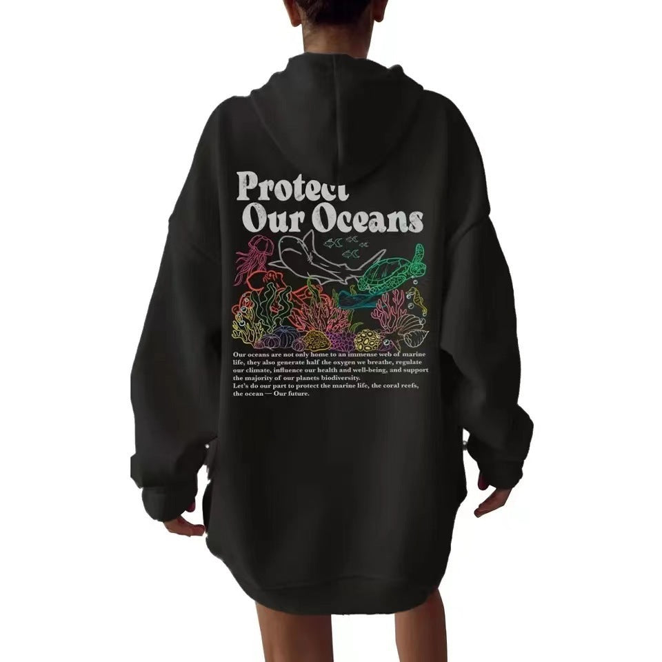 Sweater Women's Loose Protect Our Oceans Hoodie