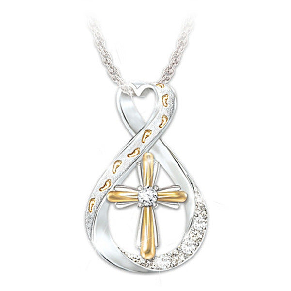 Cross Footprint Diamond Two Tone Necklace