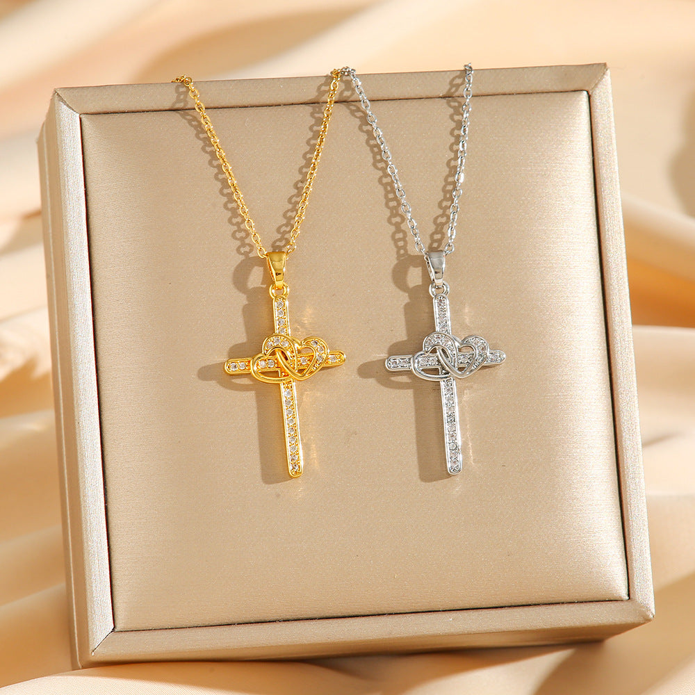 Cross Double Ring Love Heart Zircon Pendant Necklace