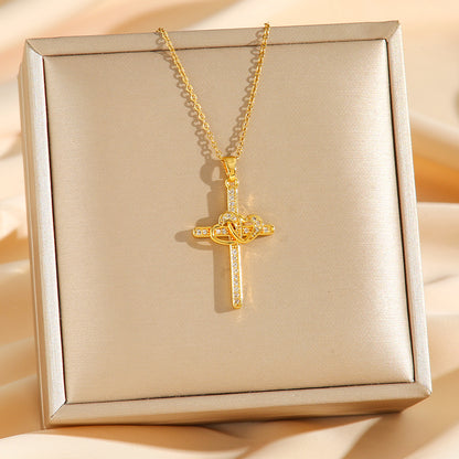 Cross Double Ring Love Heart Zircon Pendant Necklace