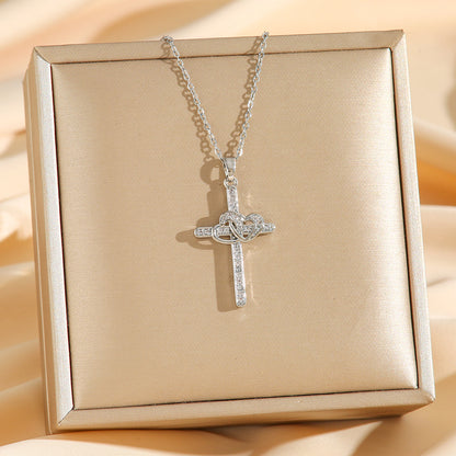 Cross Double Ring Love Heart Zircon Pendant Necklace